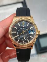 AR+ Factory Weighted Version Rolex SKY-DWELLER Black Face Rubber Strap Watch 42mm